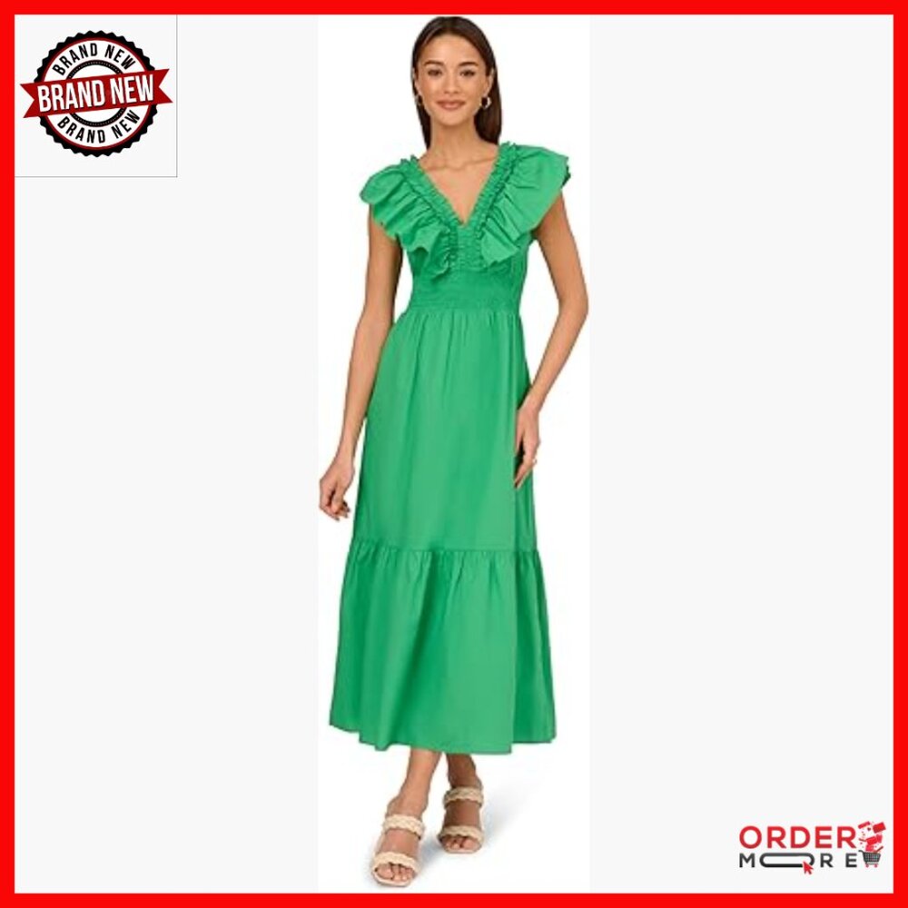 Cotton Maxi Dress With Ruffled Front, V-Neck, Formal Occasion